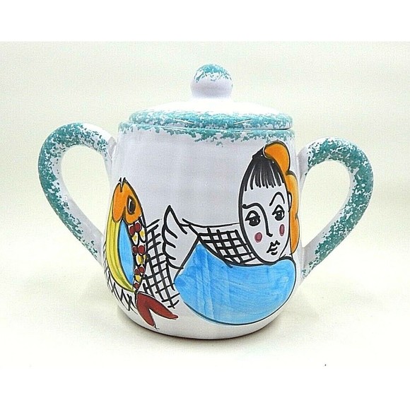 Ceramiche Desuirint Hand-Painted Ceramic Sugar Bowl Fishing Teal Sponge Accent - Picture 1 of 10